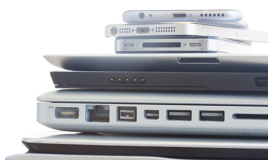A stack of electronic devices on a white background
