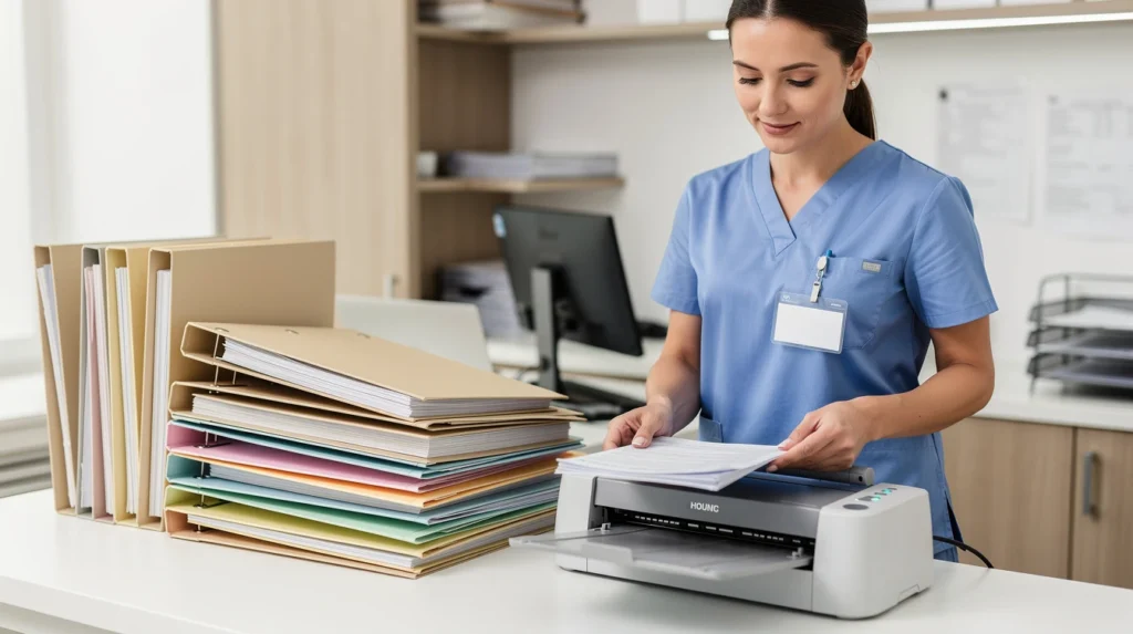 A healthcare worker in blue scrubs feeding paper into a desktop document scanner, with a stack of colorful file folders waiting beside it in a medical office